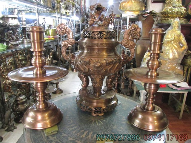 Giá bán bộ đỉnh đồng thờ cúng tam sự, ngũ sự, mẫu đỉnh thờ cao 70cm đồng đỏ