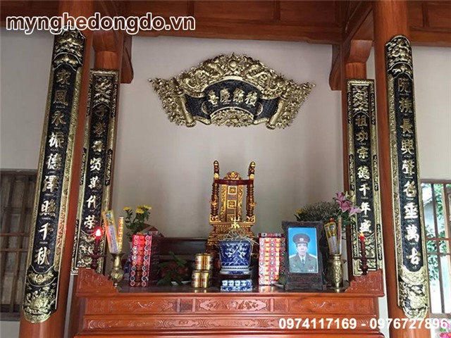 Bộ hoành phi câu đối, cuốn thư câu đối bằng đồng vàng 1m97