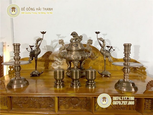 Đỉnh đồng thờ cúng hoa sòi, bộ ngũ sự đỉnh đồng Đồ đồng Hải Thanh
