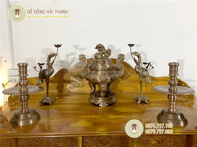 Đỉnh đồng, đỉnh thờ cúng, bộ đỉnh hoa sòi tai mây bằng đồng đỏ
