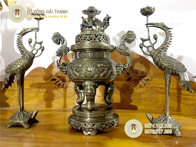 Đỉnh đồng thờ cúng, bộ đỉnh tam sự đỉnh hạc cao 60 cm