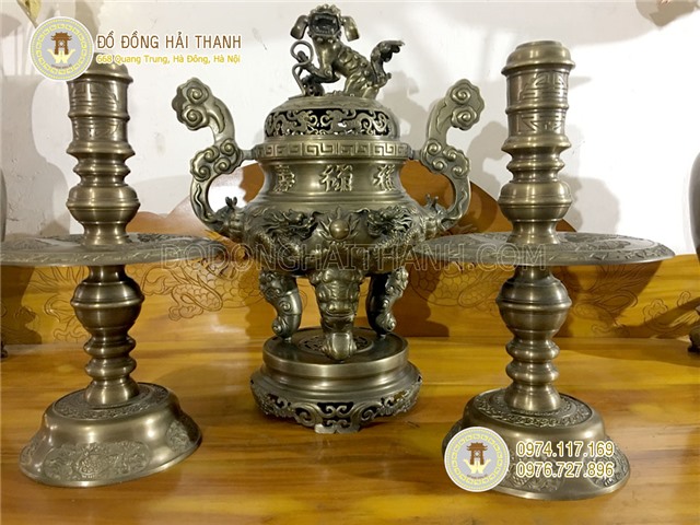 Đỉnh đồng thờ cúng, bộ đỉnh tam sự đỉnh nến cao 60 cm
